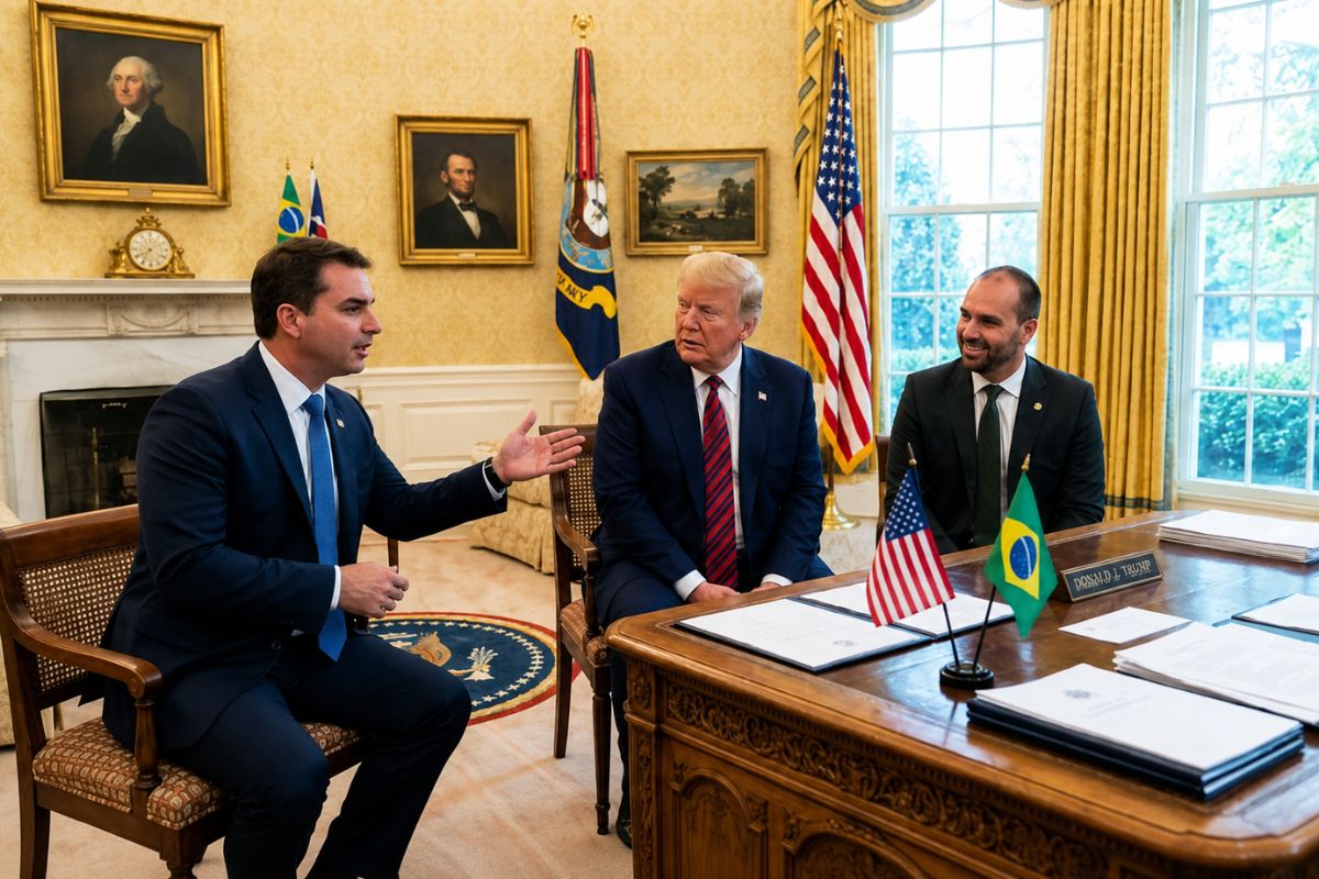 Foto de Trump, Flávio e Eduardo Bolsonaro durante reunião na Casa Branca é falsa